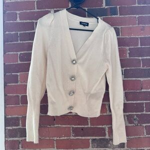 Express Cream V-Neck Cardigan with Decorative Jewel Buttons